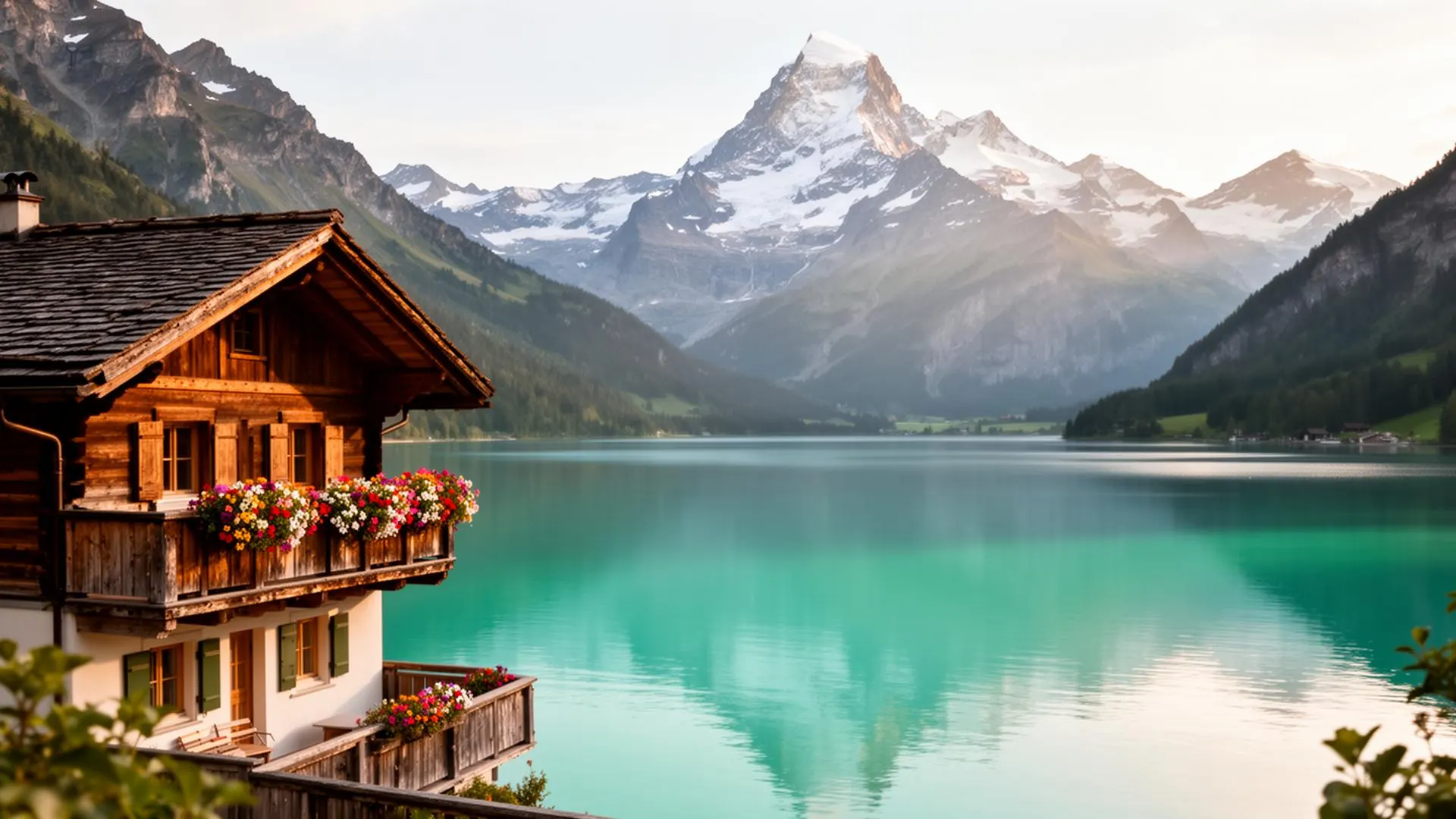 Berner Oberland: Chalet am türkisen Bergsee mit Blick auf die Alpen